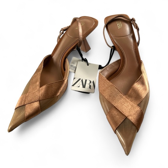 Zara Shoes - ZARA Tan Mesh See Thru Slingback Kitten Pointy Toe Heels Size 8 New With Tags